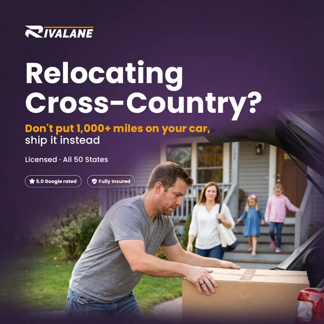 Rivalane cross-country relocation ad showing a family packing a car