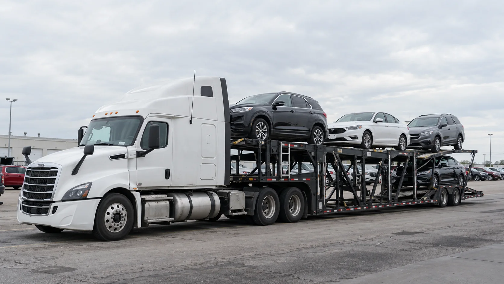 Illustrative scene of a modern loaded car carrier in a vehicle transport yard